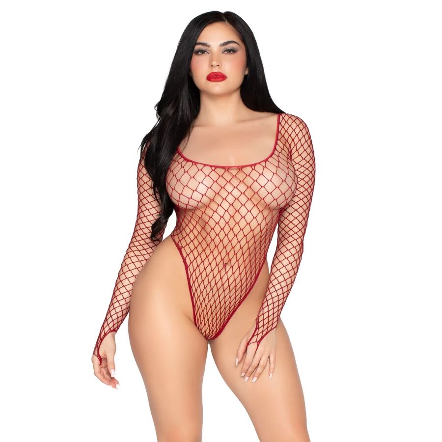 LEG AVENUE - 89377 BODYSUIT DE RED INDUSTRIAL DE CORTE ALTO ROJO - TALLA ÚNICA