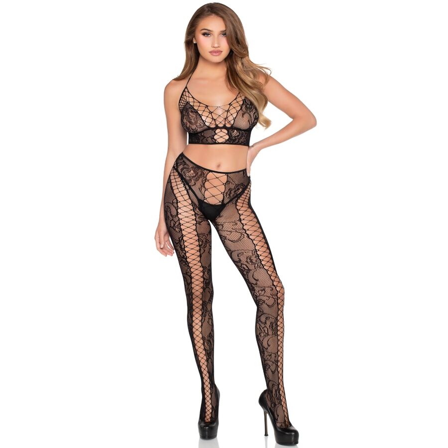 LEG AVENUE - 89368 NET  LACE CROP TOP AND TIGHTS BLACK - ONE SIZE